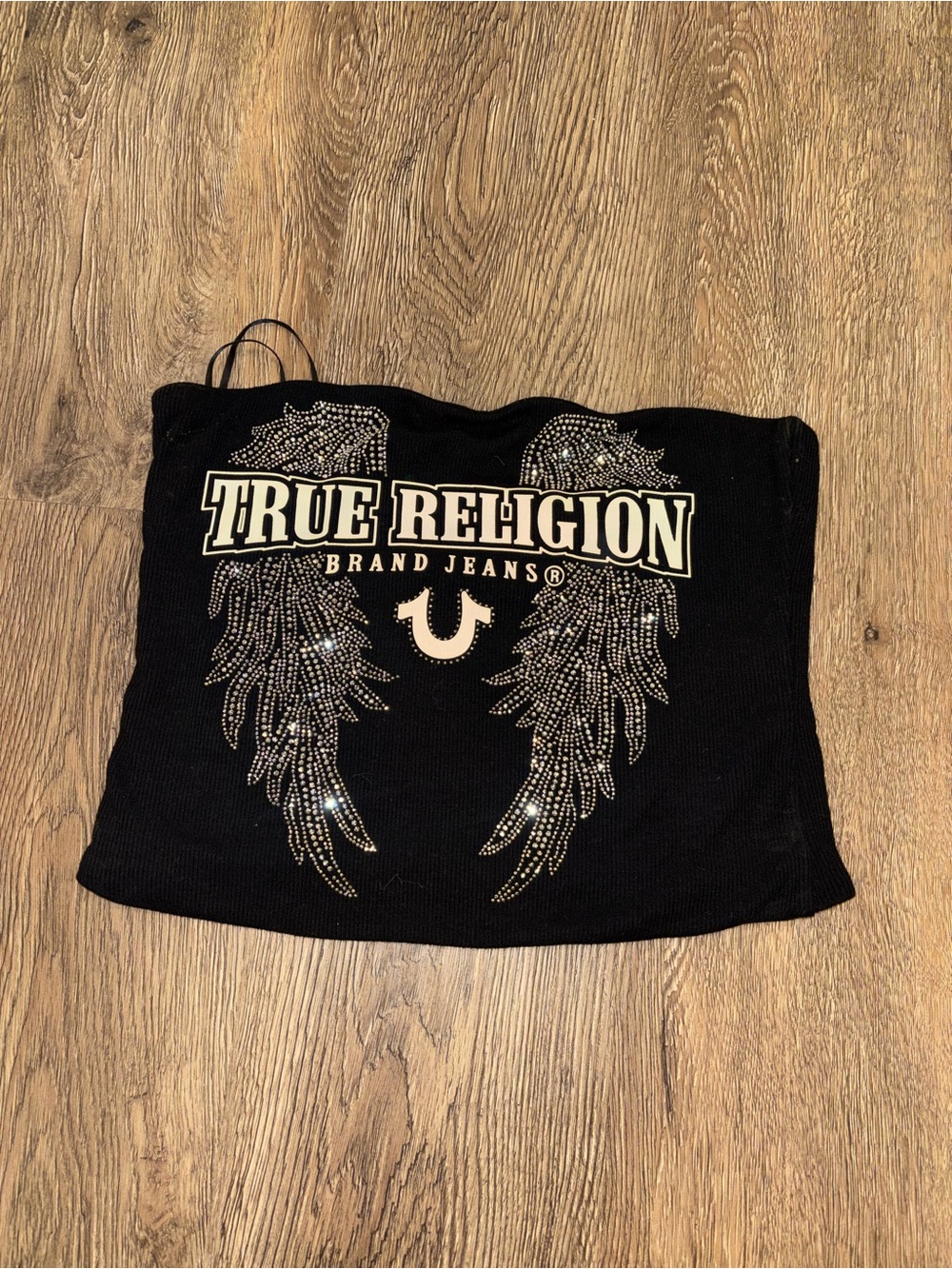 True Religion Black Strapless Rhinestone Angel Wing Tube Top